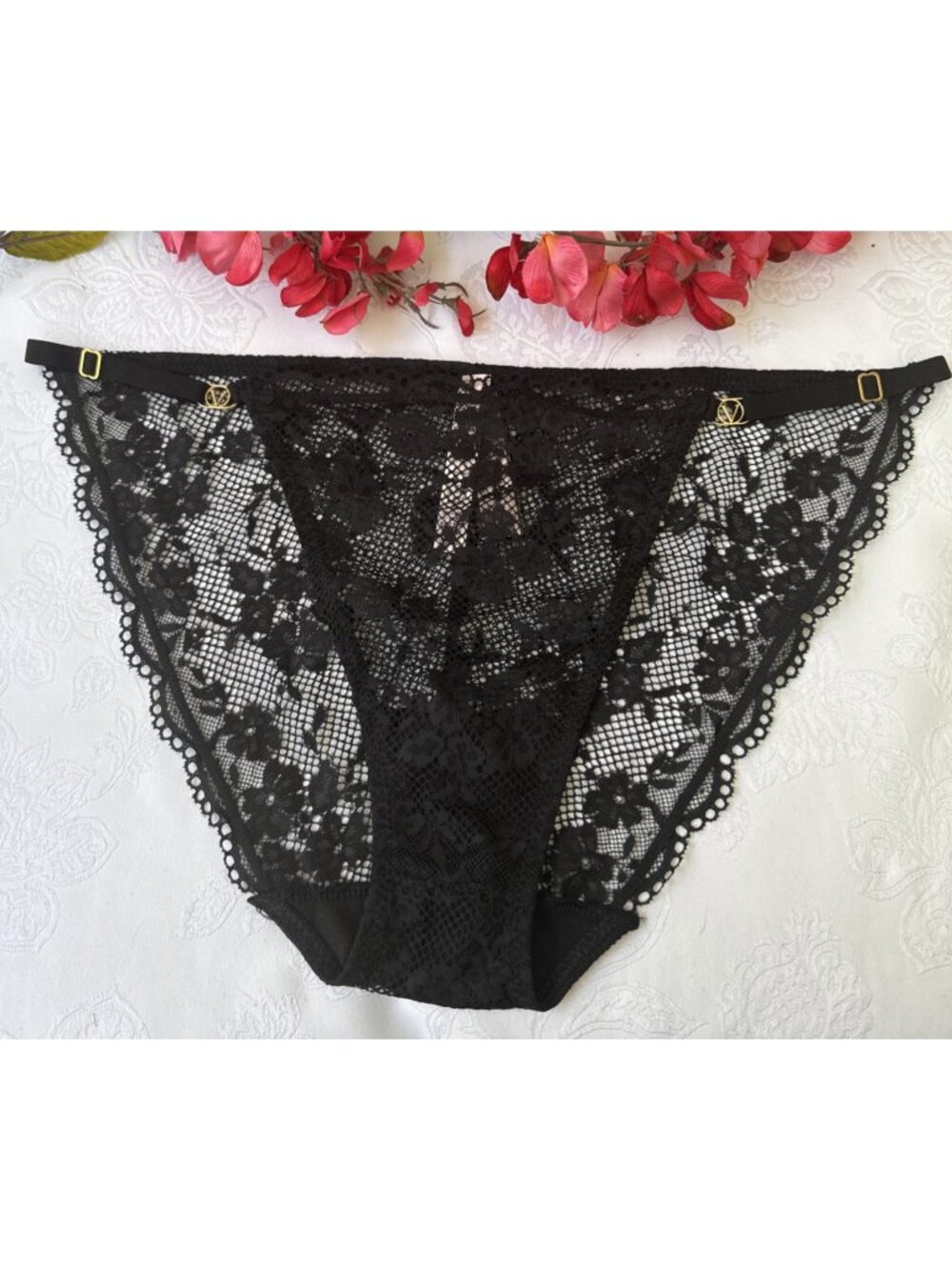 VICTORIA'S SECRET XL BLACK ADJUST STRING BIKINI LACE PANTIES GOLD CHARM LOGO NWT